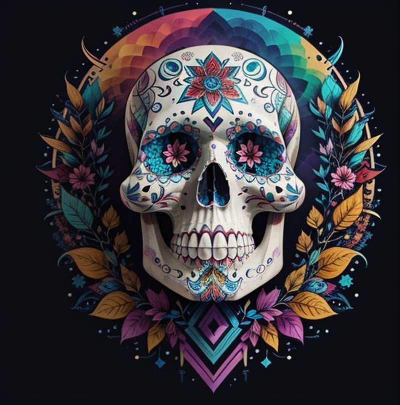 Colorful skull with flowers and leaves as a background on a black background.