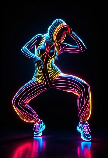 A hyper-realistic 3D render of a hip-hop dancer mid-movement, dramatically outlined by vivid neon lights in red, yellow, purple, and blue. Glowing neon streaks trace the contours of the dancer’s limbs and body, creating dynamic motion trails and bioluminescent highlights. The figure is sharply defined with ultra-detailed textures and reflective surfaces, set against a deep pitch-black background to emphasize the vibrant neon glow. The lighting generates energetic, electrified effects around the dancer, with ambient glow, surreal bioluminescent accents, and radiant edge lighting. Minimalist composition with futuristic styling, cinematic contrast, and immersive atmosphere.