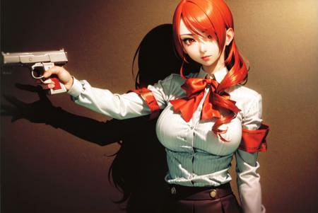 (masterpiece, best quality:1.1), (holding gun, arm down:1.4), 1girl, mature, mitsuru kirijou, persona 3, school uniform, red eyes, solo, long hair, red hair, hair over one eye, gekkoukan high, large breasts, ribbon, bow, armband, simple background<lora:MITSURU-000010:0.8> <lora:gun2headPose_gun2headv3final:0.3>