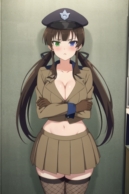 masterpiece, best quality, <lora:ryoubi-10:1>, 1girl, ryoubi \(senran kagura\), senran kagura, brown hair, long hair, twintails, low twintails, green eyes, blue eyes, heterochromia, looking at viewer, facing viewer, breasts, large breasts, huge breasts, pov, v-shaped eyebrows, pout, blush, hat, police hat, police uniform, policewoman, shirt, (brown shirt:1.5), cleavage, fishnet top, crop top, midriff, navel, skirt, miniskirt, pleated skirt, brown skirt, fishnet pantyhose, fishnet thighhighs, thick thighs, indoors, prison, prison cell, crossed arms, gloves, latex gloves,