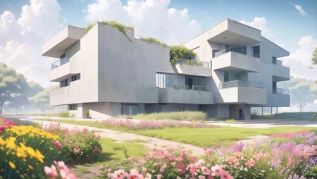 <lora:niji_vn_bg:1>, niji_vn_bg, no humans,
a surrealistic architectural photo of brut heavy dark grey concrete simple architecture house in the middle of an endless field with colorful flowers, botanical, natural light, misty foggy photorealistic surrealistic ultra detail , kodak film, natural light, 85mm, f 1.2