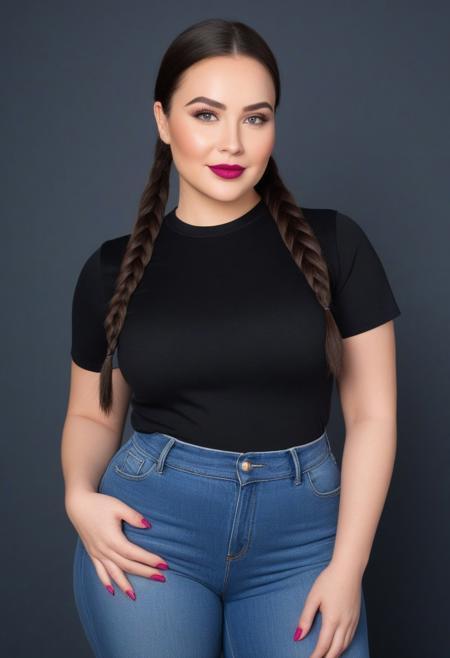 Big and tall woman with voluptuous body type. She has moderately broad shoulders and arms and wide hips and large 
soft breasts. Her legs and lower body are wide with thick thighs. She has black hair single braid hair and blue-grey eyes and raspberry lips and raspberry nail polis. She is wearing a black sleeveless top with jeans pants that accentuate her (massive butt and thick thighs). Corners of her mouth are slightly raised creating a faint smile. The woman has oval-shaped face featuring soft, rounded contours and a gently curved jawline and round cheeks. Her eyebrows are naturally shaped with a gentle arch, complementing her eye shape. She has a straight nose with a smooth bridge and a rounded tip on her nose. Her lips are full, with a well-defined cupid's bow, Her skin is fair and smooth with an even complexion.
