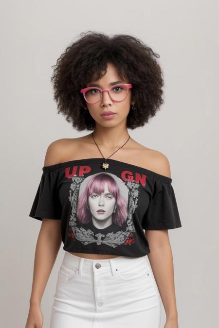 a short slim girl with multi- coloured streaked hair cut in a jagged mop. She was wearing a tiny denim skirt and an off the shoulder reprint Sex Pistols 'God Save The Queen' tee-shirt. She had thick black eyebrows, setting-off a piquantly pretty, pixie little face, with winged, you-be-damned pink glasses and a pendant piercing in her bottom lip.
(simple background, white background)
