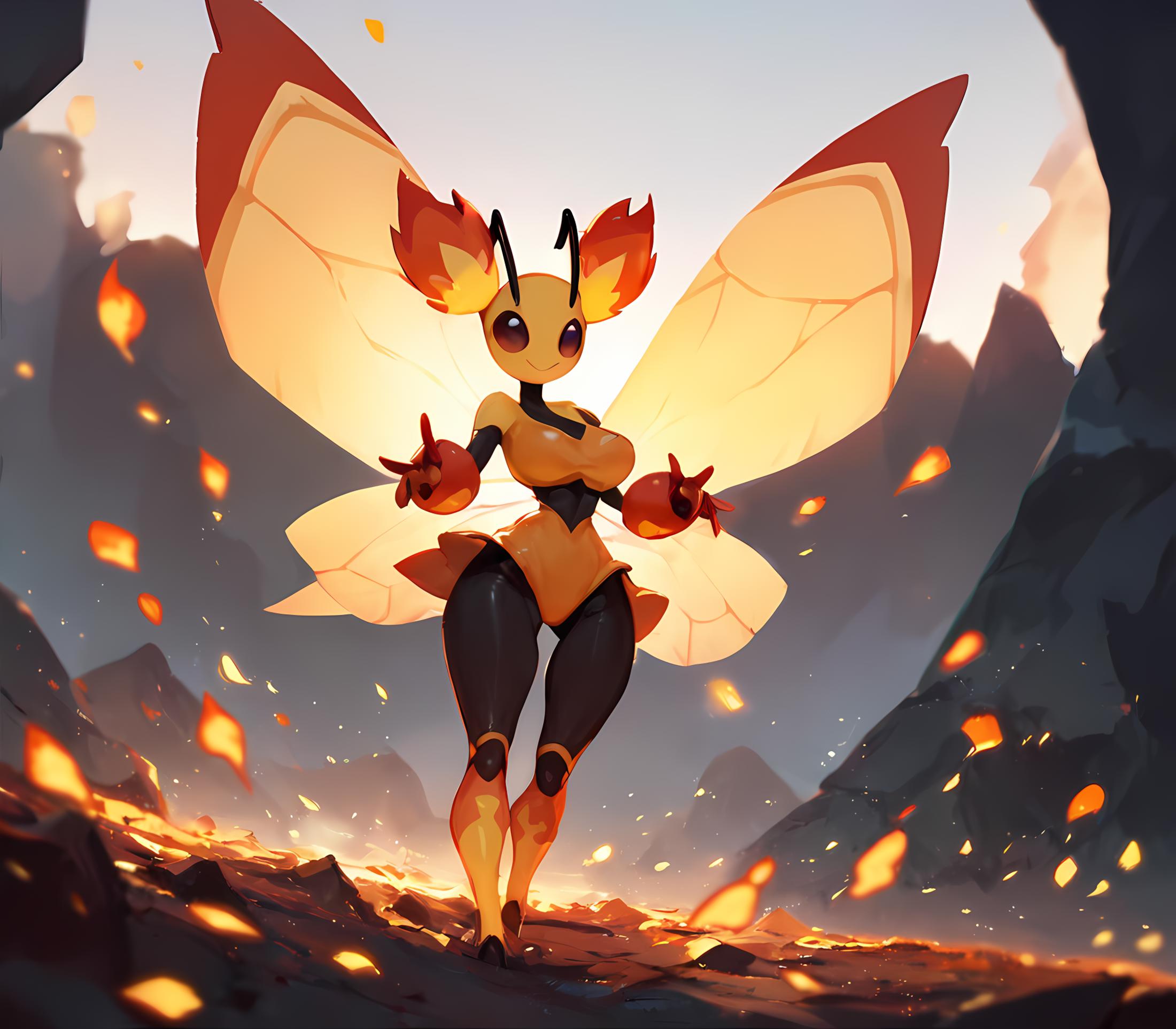 score_9, score_8_up, score_7_up, score_6_up, fire pokemon girl with hornet shape, antennae, large breasts, smile, wasp, high quality, solo, embers, ash, dynamic flame, twintails