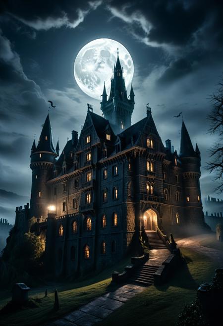 score_9, score_8_up, score_7_up, score_6_up, score_5_up, score_4_up, (absurdres, best quality, masterpiece:1.4), illustration, photorealistic, cinematic lighting, dynamic angle, perfect composition, darkness, haunted castle, glowing moon, dark shadows, eerie atmosphere, misty grounds, towering spires, glowing windows, ghostly figures, ominous, foreboding