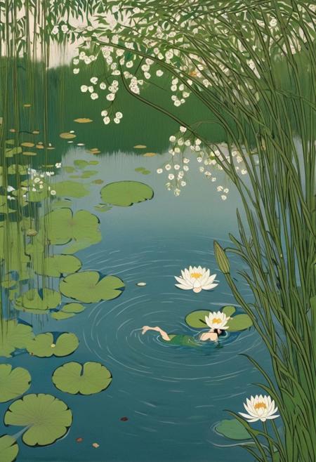 Persian Girl,An illustrator-style art work shows a wetland scene from a high perspective,where aquatic plants such as water lily leaves and other floating vegetation cover the water surface,with a few white flowers dotted among them,and a mermaid pulling a man is wading through the water,leaving ripples behind,
you can see the branches of the willow tree,the atmosphere is mysterious and charming,the sense of romance,the sense of story,