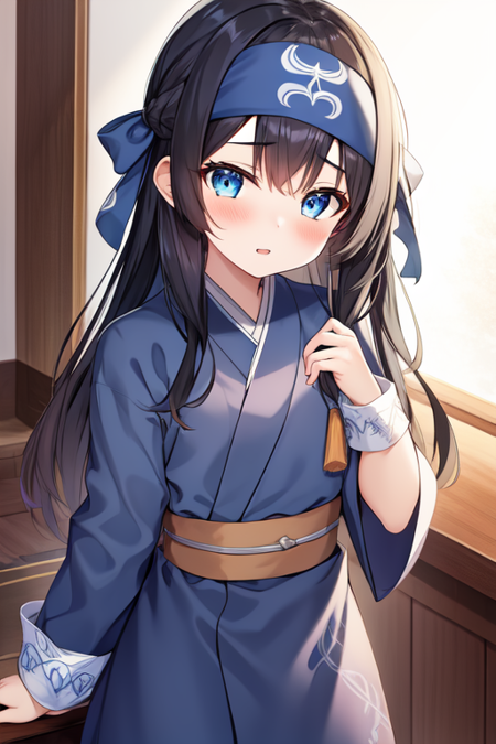 ainu, 1girl, solo, long hair, blue eyes, looking at viewer, blush, long sleeves, headband, black hair