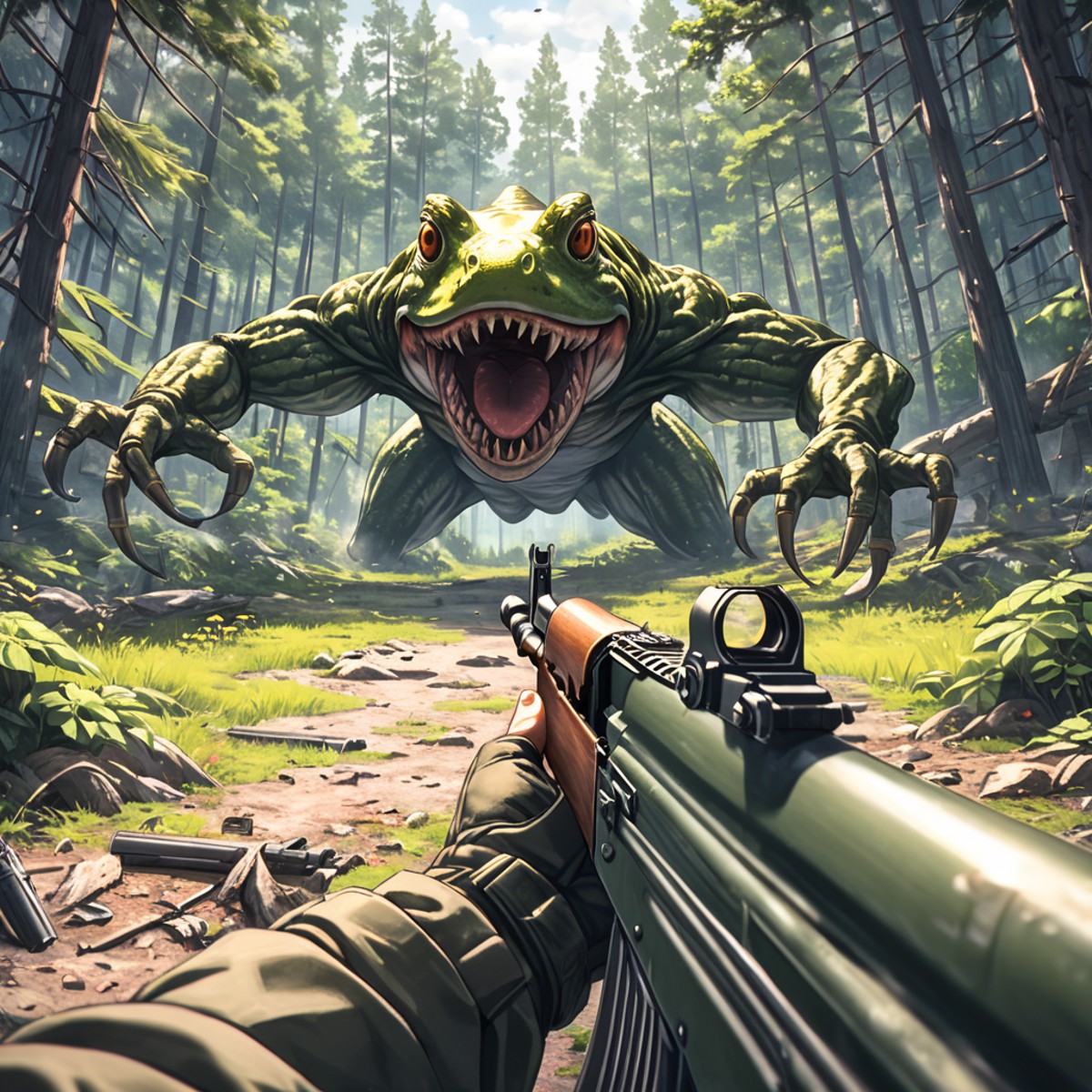 anime style, a cinematic shot of a first person shooter, aiming with a ak-47, call of dudy, shooting a (giant frog:1.2), m...