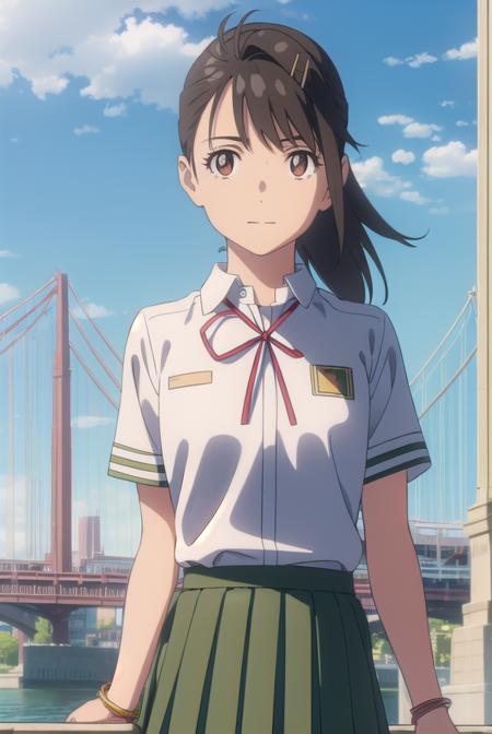 suzumeiwato, <lyco:suzume iwato movie-lyco-nochekaiser:1>,
suzume iwato, long hair, black hair, hair ornament, (brown eyes:1.5), hairclip, ponytail, smile,
BREAK skirt, shirt, ribbon, school uniform, white shirt, red ribbon, green skirt, long skirt,
BREAK outdoors, sky, day, cloud, sun,
BREAK looking at viewer, (cowboy shot:1.5),
BREAK <lyco:GoodHands-beta2:1>, (masterpiece:1.2), best quality, high resolution, unity 8k wallpaper, (illustration:0.8), (beautiful detailed eyes:1.6), extremely detailed face, perfect lighting, extremely detailed CG, (perfect hands, perfect anatomy),