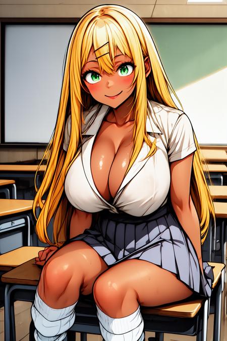 1girl, cowboy shot, sitting, smile, classroom, large breasts, 
okazaki_miku, gyaru, (dark-skinned female:1.2), (dark skin:1.2), green eyes, blonde hair, long hair,  hairclip, cleavage, school uniform, white shirt, collared shirt, pleated skirt, gray skirt, loose socks, <lora:okazaki_miku_lora_ver2:0.7>, best quality, masterpiece, highres, <lora:GoodHands-vanilla:1>