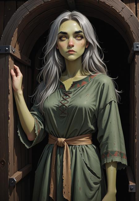 A Slavic Kikimora with long gray hair. Greenish skin. Yellow eyes. Crooked eyebrows. Hooked nose. Thin lips. Green rags. Sits in dark corner of hut. Holds spindle.
(Slavic Kikimora, rags)
((half body view)), (((cowboy_shot)))