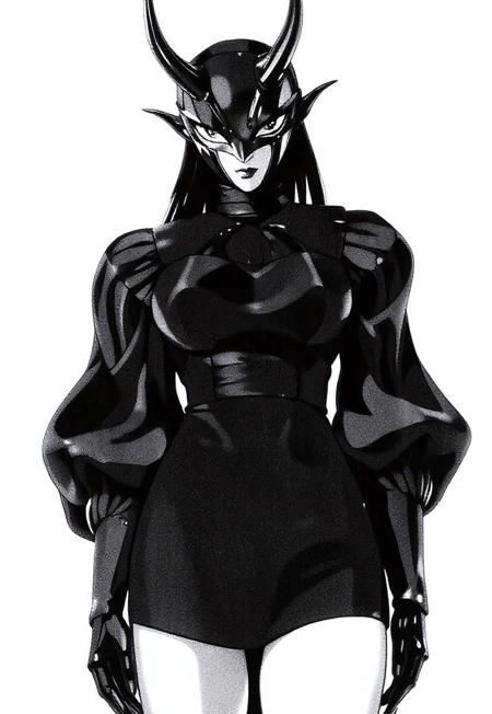 chromecore7X—A female figure stands confidently against a stark white background, dressed in a striking black maid outfit with a brutalist flair, featuring a structured bodice, puffy sleeves, and a short, flared skirt. Her head is adorned with a dramatic devil mask, its eyes gleaming with a mischievous intensity as she faces the camera directly. The mask's horns curve upward, adding to the overall sense of edgy, avant-garde style. The maid's attire is rendered in a matte, dark black that absorbs the light, creating a striking contrast with the pure white surroundings. Her facial features, obscured by the mask, remain enigmatic, while her skin tone is a smooth, porcelain-like complexion. The overall aesthetic is one of dark, high-fashion elegance, with a hint of rebelliousness.