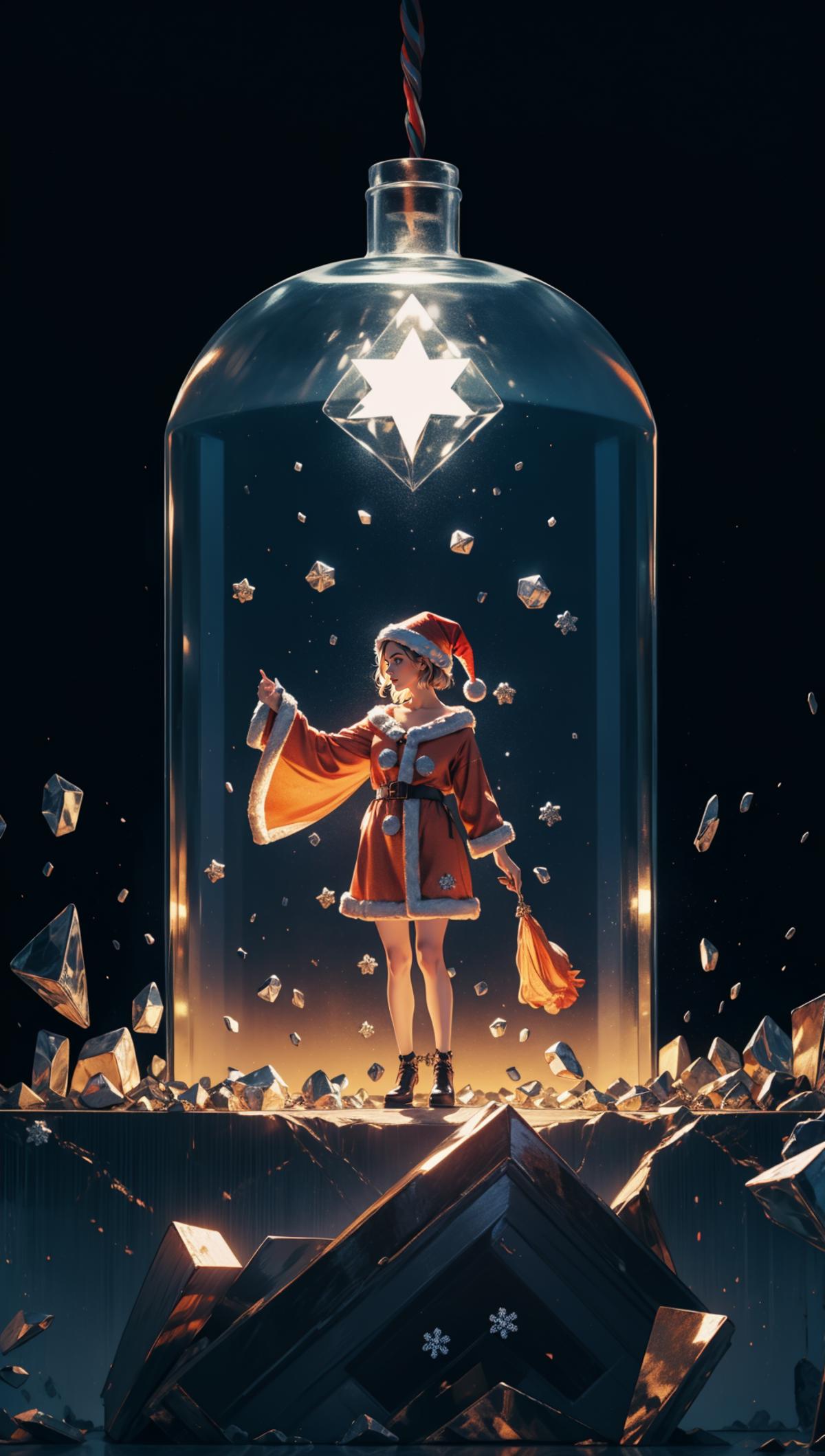 A woman in a red Santa outfit stands in a glass room that is filled with glittery shards.