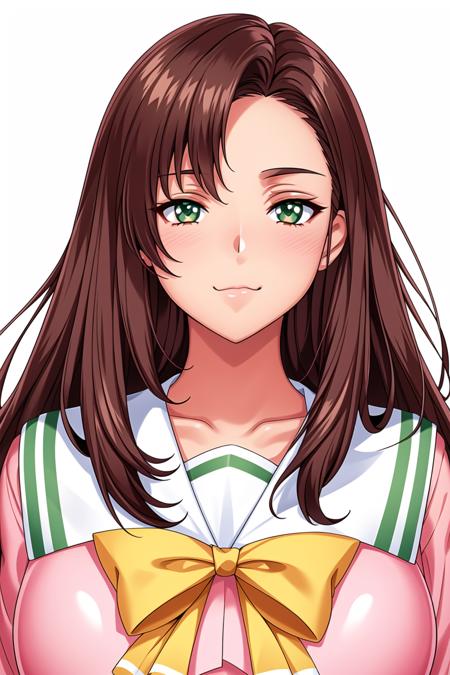 Simple White Background,
(pink_jacket:1.1),(Green_pleated_skirt),(Green_sailor_collar), school_uniform, serafuku,long_sleeves,Yellow_bowtie,
<lora:Moeko_Fujima_Shuusaku-KK77-V1:0.7>,
green eyes,long hair,brown hair, Bangs,
<lora:Mariana_Luciano_NON_VIRGIN-KK77-V1:0.3>,<lora:more_details:0.1>,
1 girl, 20yo,Young female,Beautiful Finger,Beautiful long legs,Beautiful body,Beautiful Nose,Beautiful character design, perfect eyes, perfect face,expressive eyes,perfect balance,
looking at viewer,(Focus on her face),closed mouth, (innocent_big_eyes:1.0),Light_Smile,
official art,extremely detailed CG unity 8k wallpaper, perfect lighting,Colorful, Bright_Front_face_Lighting,shiny skin, 
(masterpiece:1.0),(best_quality:1.0), ultra high res,4K,ultra-detailed,
photography, 8K, HDR, highres, absurdres:1.2, Kodak portra 400, film grain, blurry background, bokeh:1.2, lens flare, (vibrant_color:1.2),professional photograph, 
(Beautiful,large_Breasts:1.4), (beautiful_face:1.5),(narrow_waist),