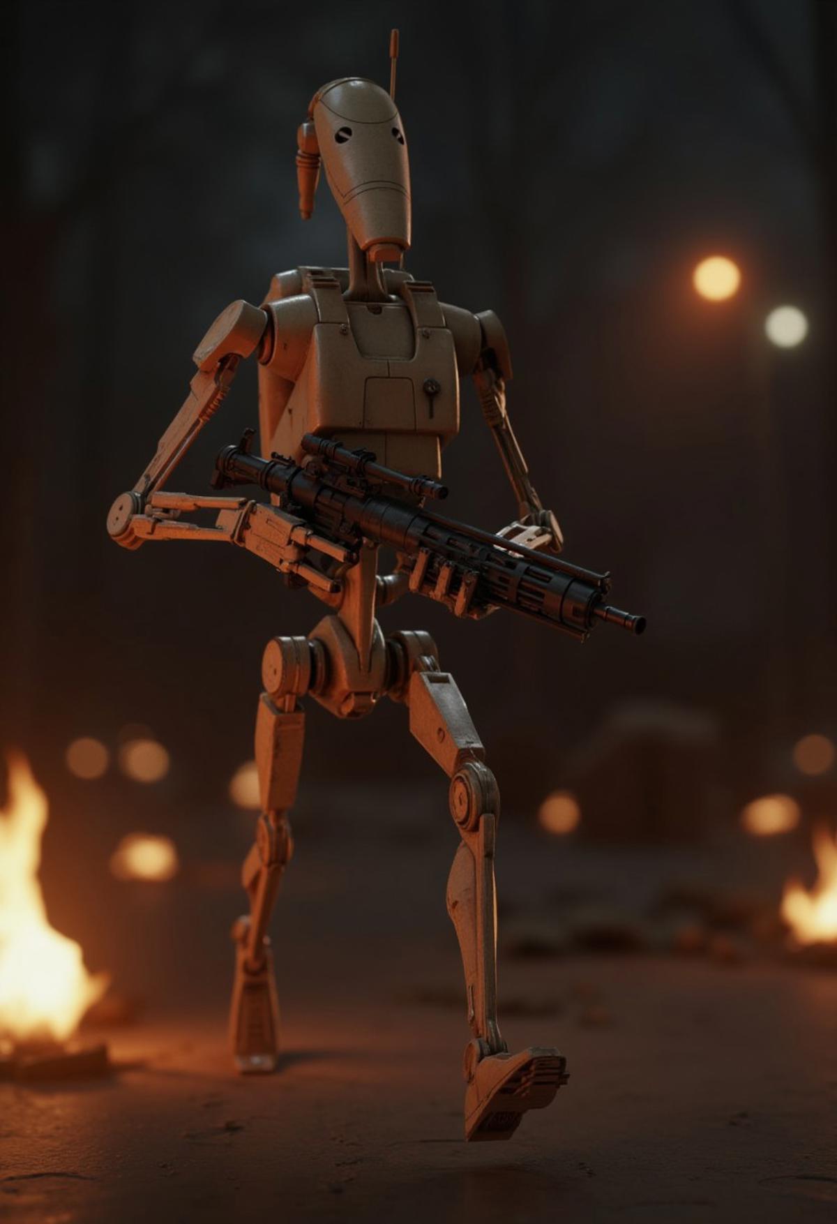 7-B1 droid, running, blurred background, glowing lights, dark lighting, robot, medium close up, holding gun, embers, 3d render, realism, highly realistic and detailed, action shot