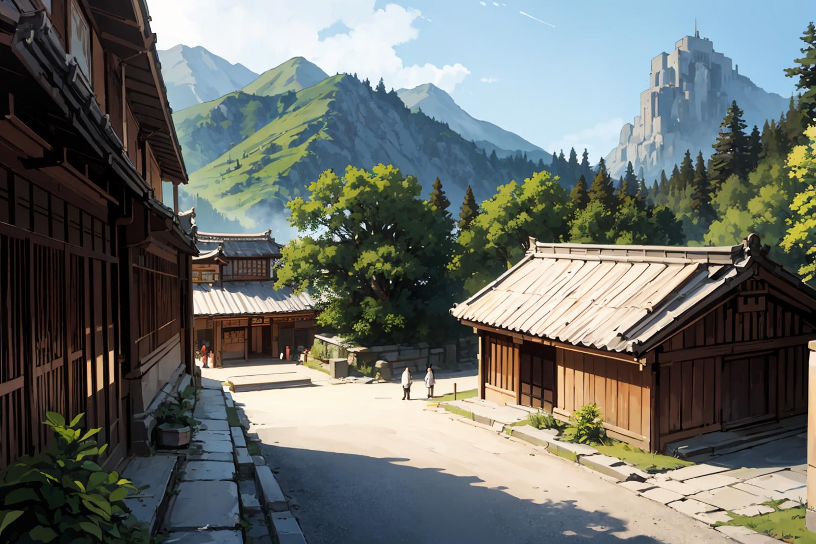 hitozato (人里) / japanese architecture (style of "human village" from touhou) image by Wasabiya