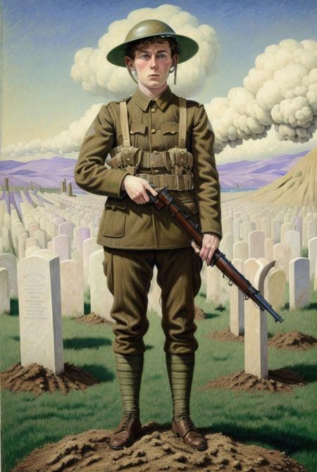 heroic portrait of a man ww1brit holding a rifle on the battlefield, explosions in the background, night setting, apocalypse, Cemeteries,Sandbagged, Mud, Acrid taste, Eerie,Shadowy,Unearthly, Numbness, Weeping statues, Pointillism, Radial balance, Triadic, in the style of Otto Dix,Ren Magritte,Dorothea Tanning, ultra detailed, intricate, surrealism, oil on canvas, dry brush, <lora:ww1brit_v0.1:0.6>