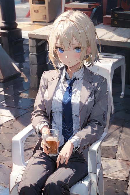 absurdres, best quality, <lora:Chair:1>, motivatedchair, 1girl, solo, suit, white shirt, pants, necktie, blonde hair, blue eyes