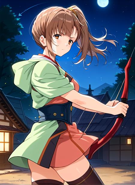 kajika, brown hair, brown eyes, side ponytail, long hair, japanese clothes, thighhighs