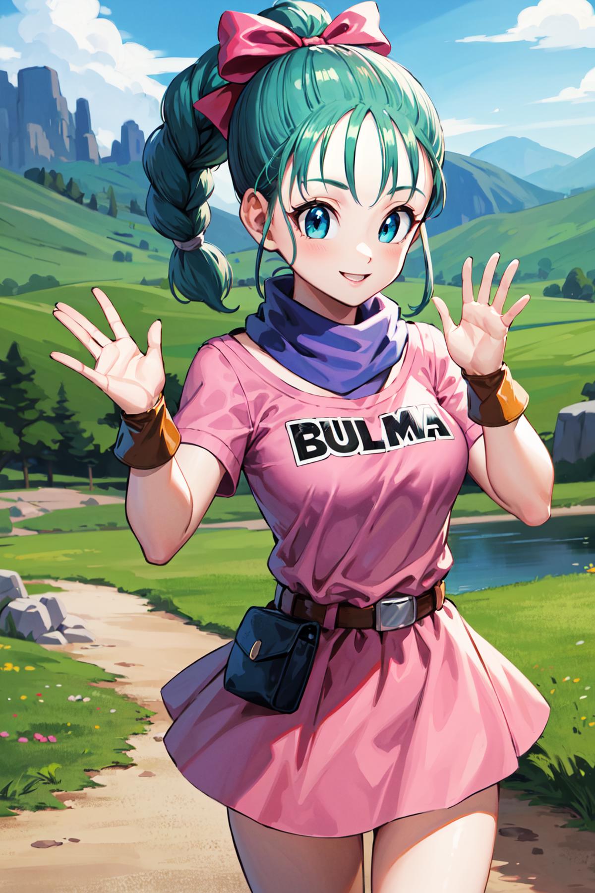 A cartoon character wearing a pink shirt with the word "Bulma" on it, waving her hands and holding a purse.
