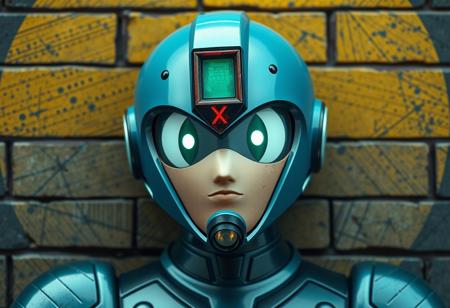 a Southeast Asian MegamanX on a Defense Wall, with a round face and unique, professional design. The artwork should feature enamel and golden ratio details, with a mysterious and cursed tone. Incorporate elements of flat paint and micro details, blending the styles of Michelangelo Buonarotti, Kevin Kostic, Syd Mead, James Gilleard, and Drue Langlois. Utilize a mix of 3D rendering and ultra-realistic nuclear background. Output a high-quality image in 8K resolution.
