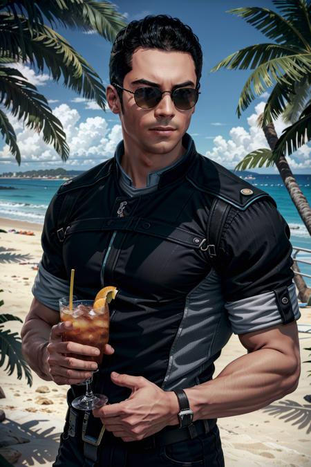 KaidanME, 1boy, male focus, solo, black hair, upper body, muscular, at the beach, ocean, palm trees, wearing sunglasses, cocktail in one hand
,masterpiece, best quality,
<lora:epi_noiseoffset2:1>,   <lora:KaidanME:0.7>