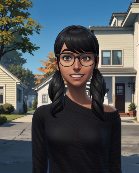 (masterpiece, best quality, high resolution:1.3), 
<lora:c455gTS4-10:0.8> c455gts4, black twintails, black-framed glasses, tan skin, black  sweater, warm faint grin, upper body, (outdoor scene, suburban cul-de-sac, ranch houses:1.2), daytime photography, noon