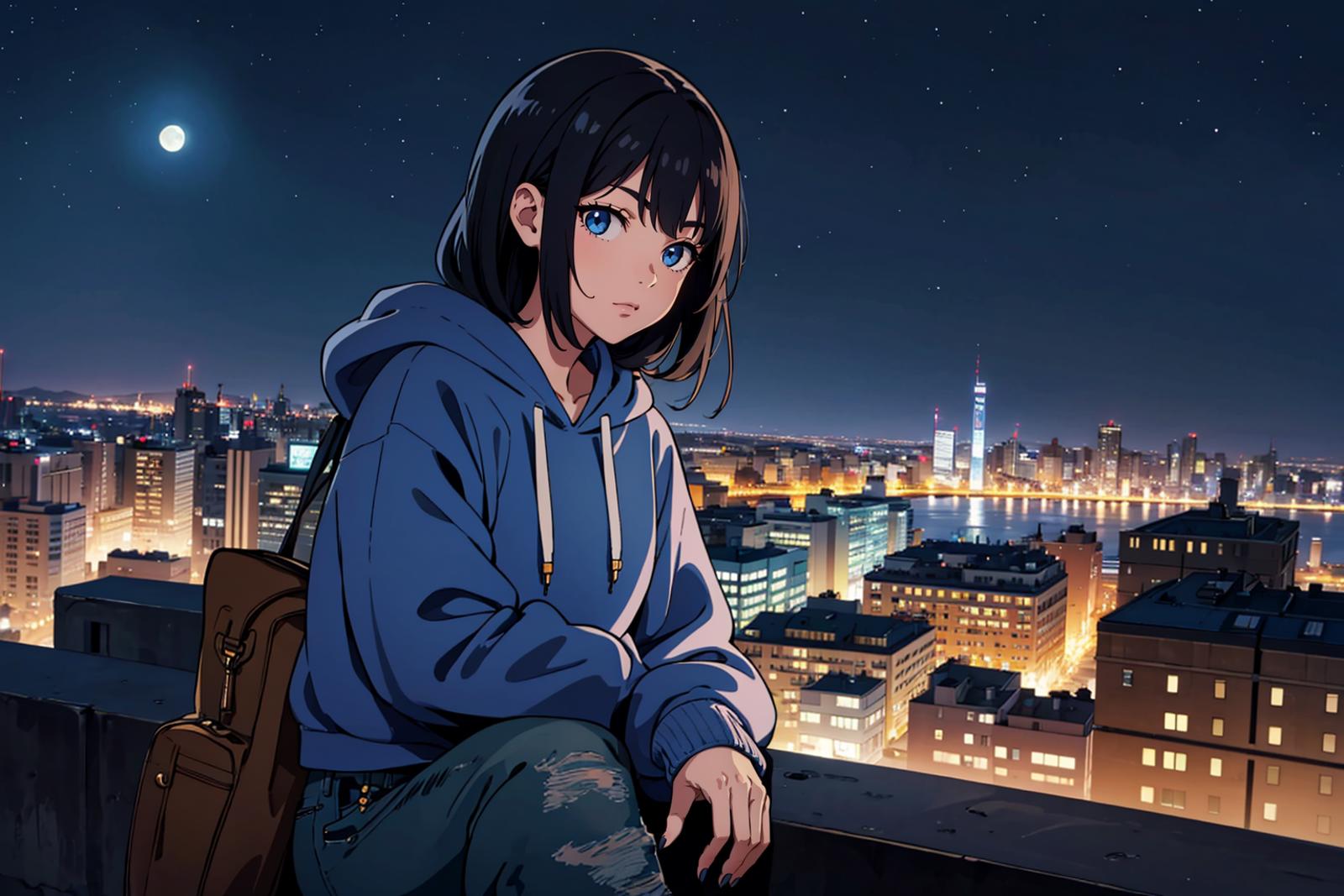 1girl, blue jeans, hoodie, night, city, looking over city, moon, stars, landscape, cute face, fingernails, black nail poli...