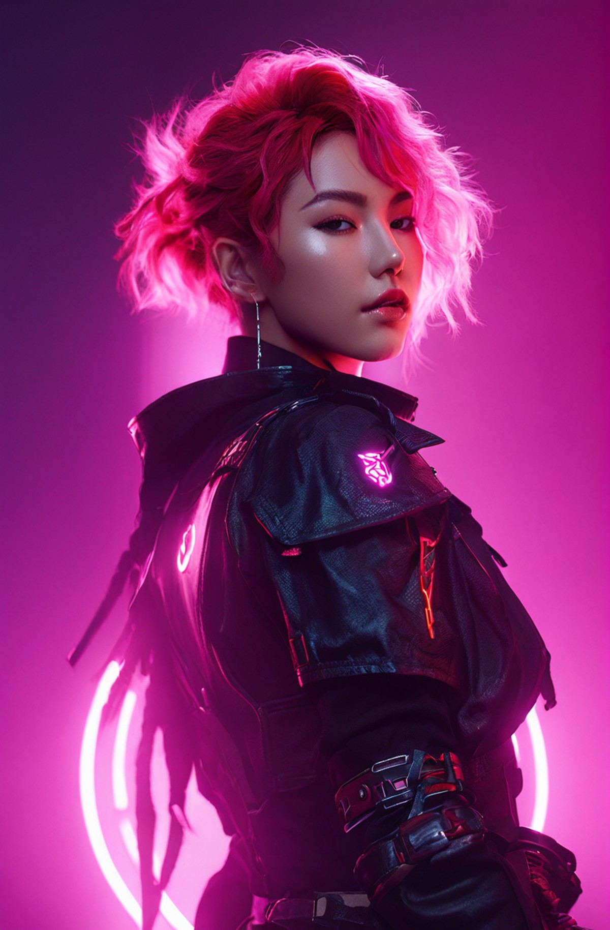 neonpunk style summoner,a girl,random fictional girl named Tanaka Haruki from Japan,foxy,arresting,knockout,red  sleek hai...