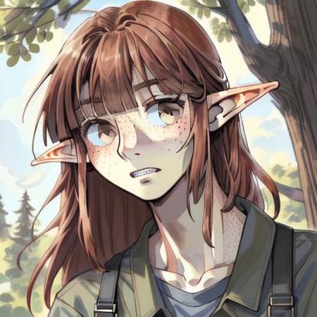 ASCIISolo, 1_girl, ((snout_nose)), ((3_fingers_1_thumb)),  ((hazel_eyes)), ((auburn_hair, long_hair, bangs, messy_hair, arms_above_head, handing_from_tree_branch_by_arms)), human, no_fur, non_anthro, broad_nose, long_nose, straight_line_from_nose_to_upper_lip, small_nostrils, scrawny_physique, scrawny_arms, scrawny_hands, scrawny_neck, scrawny_body, elf_ears, pointy_ears, fully_clothed, blue_coveralls, graphic_t-shirt, baggy_pants, freckles, flat_chest, no_breasts, outside, tree, no_people, no_horns, no_animals, buck_teeth, no_animal_ears <OverallDetail> <antiSketchV1_1> highly_detailed, high_quality_image, best_quality, masterpiece_quality, 2D