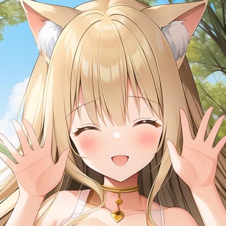 WeriStyle art, 1girl, blonde hair, animal ears, full body, waving, eyes closed, smiling, blush, cat ears, animal ear fluff