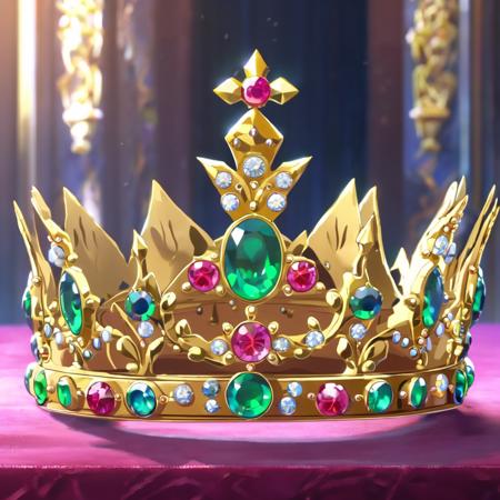 (anime screencap in mnst artstyle:1.3) of a crown with jewels, hd, 4k, high-quality