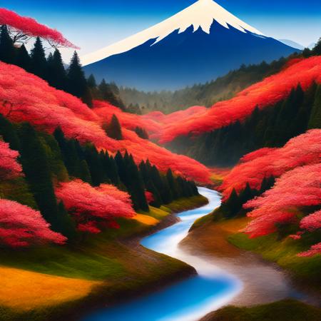 (meijijapan style:1) a river running through a forest next to a mountain <lora:djzMeijiJapanV21_LoraBooth:1>