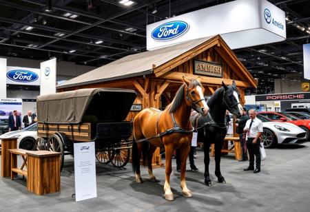 instagram photograph of a Amish horse stand at an automotive trade show. The Amish stand looks rustic made of wood and forged steel. At the booth are a buggy and two horses. The booth looks out of place next to Ford and Porsche futuristic cars, business men and show girls.