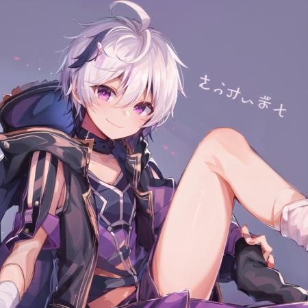 masterpiece, best quality, 1boy, solo, 4k, 8k, vflower, <lora:vflower:1>,streaked hair, purple eyes, white hair, short hair, smile, looking at viewer purple hair, jacket, purple jacket