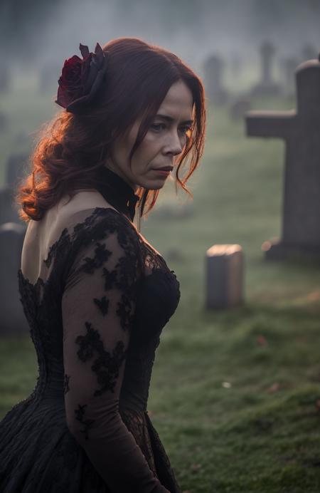 Style-Widow_SD2, photo realistic, ultra details, ultra detailed portrait of an old Victorian woman in a  dark cemetery, sinister, evil, volumetric fog, Hyperrealism, breathtaking, ultra realistic, ultra detailed, cinematic lighting, highly detailed, breathtaking, photography, stunning environment, wide-angle