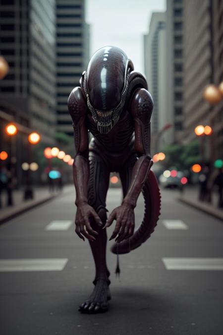 cinematic film still of  <lora:xenomorph style SD1.5:1>
Xenomorph,full body,endoparasitoid extraterrestrial species,solo,open mouth,teeth,tongue,blurry,no humans,blurry background,fangs,sharp teeth,monster,realistic,alien , horror themed, dark themed, cinematic, film still, xenomorph style, shallow depth of field, vignette, highly detailed, high budget, bokeh, cinemascope, moody, epic, gorgeous, film grain, grainy, background KLCC, Malaysia Street,