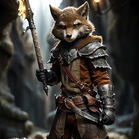 highly detailed full color candid photo of a werefox:1.2, 1boy,
werefox, solo, holding weapon, gauntlets,
realistic, depth of field, blurry background,
medieval cavern,
(silhouette lighting:1.2),
