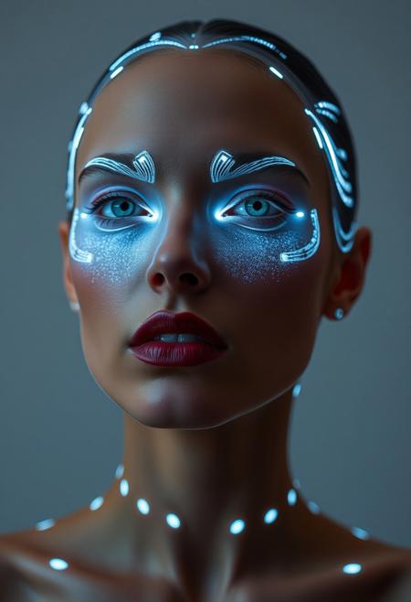 integrated LED body modification, permanent LED makeup, subtle glowing accents under the skin, (embedded LEDs:1.3) illuminating cheekbones and jawline, soft projected makeup, light patterns shifting with expressions, (flawless skin:1.4), futuristic yet natural, gentle LED glow defining facial features, seamless tech-enhanced beauty, (subtle under-skin glow), elegant LED accents on lips and eyes, ultra-modern body modification, high-definition, (good anatomy:1.4), radiant skin with integrated lighting, permanent light contours, soft and natural light projection, smooth textures blending LED with skin, facial definition enhanced by internal light, glowing accents integrated into facial structure, high-resolution, timeless beauty with advanced technology, LED glow replacing traditional makeup, precise lighting contours