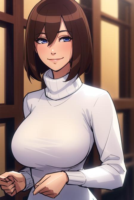 <lora:balsamique:0.8>, balsamique, masterpiece, best quality, 1girl, solo, alternate hairstyle, alternate hair length, blue eyes, sweater, smile, hair between eyes, brown hair, turtleneck, blush, turtleneck sweater, breasts, looking at viewer, upper body, short hair, large breasts, closed mouth, ribbed sweater, long sleeves, bangs, white sweater