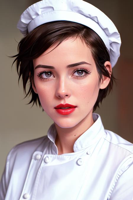 photo of winona:0.99,a woman, ((beautiful dark brown hair, short hair, pixie cut):1.2), ((chef hat, chef jacket)), ((closeup, portrait))((commercial kitchen)),((red lipstick, eyeliner, eye shadow, blush)), ((best quality, masterpiece, extreme details, high resolution):1.2),((detailed eyes, beautiful eyes, detailed face, beautiful face):1.2)