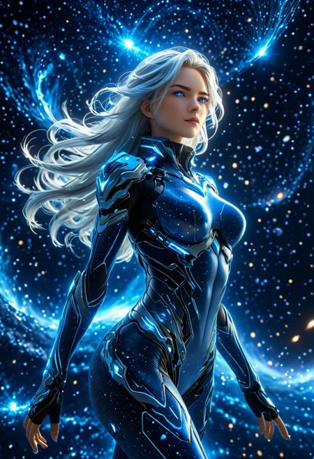 In striking 8K anime-style quality, a digital drawing brings to life a galactic warrior-themed female character with long, flowing silver hair reminiscent of a comet's tail. Her intense, glowing icy blue eyes exude fierce determination, and she dons a futuristic, form-fitting battle suit embellished with cosmic patterns. Perched atop an asteroid, she is surrounded by swirling galaxies, shooting stars, and distant planets, with the vast, infinite expanse of space as her backdrop. Her hands are imbued with cosmic energy, and luminous rings of blue light encircle her wrists as she readies herself for a battle across the cosmos. The scene is infused with cosmic dust and nebulae, creating an illusion of boundless space. HDR, 8K, full-body, dynamic pose, flawless anatomy, detailed skin texture, and depth of field contribute to the immersive, space-themed anime wallpaper.