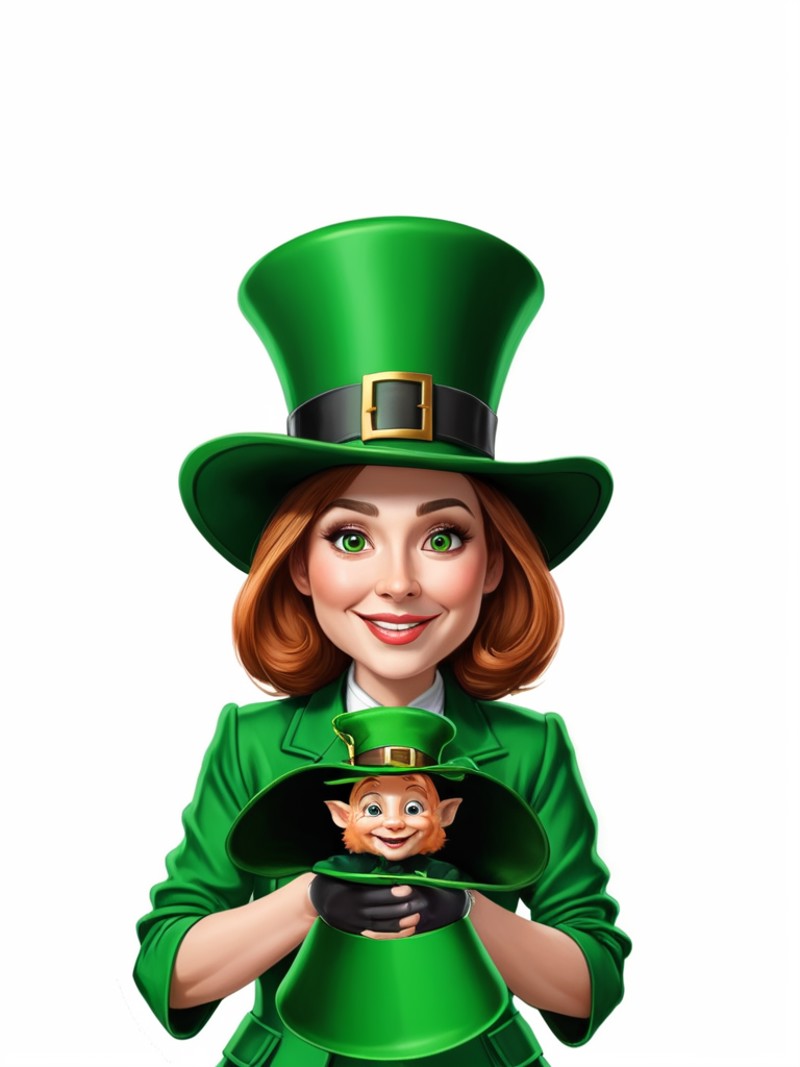 caricature, exaggerated face feature,Female magician holding a leprechaun green hats, with a rabbit emerging from it while...