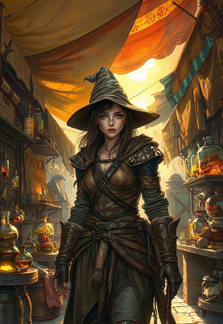 masterpiece, ultra-detailed, digital illustration, a young witch facing the viewer, navigating a bustling medieval market on a bright afternoon, wearing distressed leather armor and garments, a wand dangling at her side like a symbol of her power. Surrounding her is an alchemical stall brimming with glowing vials, arcane instruments, parchment scrolls, and preserved creatures in jars. Golden sunlight filters through colorful canvas awnings, casting angular shadows and highlights across the market scene. The atmosphere blends Sean Aaberg’s gritty punk fantasy style, Mike Allred’s bold comic outlines and colors, Caravaggio’s dramatic light and shadow, and Ted Nasmith’s intricate medieval detailing. Highly stylized characters, expressive poses, saturated color palette, cinematic energy, vivid composition, immersive storytelling, ambient lighting, 4K resolution.