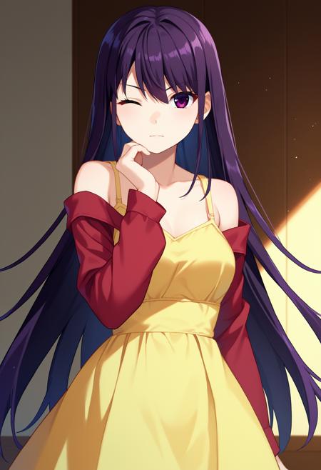 shiyumikonime, long hair, black hair, black eyes, school uniform, blue necktie, shirt, blue dress, thighs, shiyumikorng, long hair, black hair, black eyes, shiyuvisual, visual_style, long hair, purple eyes, black hair, purple hair,