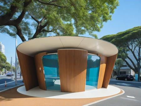 <lora:JJsPublicToilet_XL:1>, masterpiece , best quality, ((Public Toilet)), outdoors, sky, day, tree, blue sky, ground vehicle, building, scenery, motor vehicle, walking, city, car, road, lamppost, street, real world location,  highly detailed, curvy, wood, glass, canopy,
