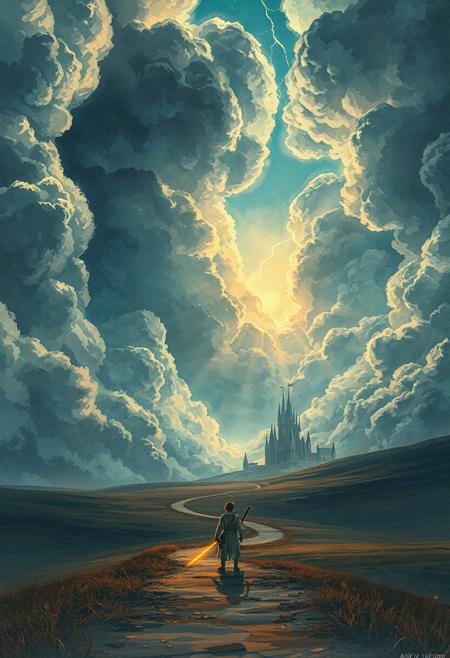 Vertical 9:16 anime-style composition in ultra-detailed 4K resolution. A vast, painterly sky stretches endlessly, filled with massive, textured clouds in complex folds, soft ridges, and jagged contours. Gaps reveal glowing baby-blue sky and warm sunlight streaming through. Below, a lone anime-style swordfighter stands at the bottom center of the scene, his silhouette small against the expansive landscape. He wears a tattered cloak and holds a glowing sword, its light contrasting with the dark surroundings. A winding path leads from his position through a desolate plain toward a towering, ominous castle in the distance. The castle's spires pierce the sky, shrouded in swirling dark clouds and occasional flashes of lightning. The atmosphere is tense and foreboding, with a color palette of deep blues, grays, and muted earth tones. The scene is rendered with hyper-realistic watercolor textures, delicate cel shading, and fine edge lighting, creating a cinematic and emotional mood.
