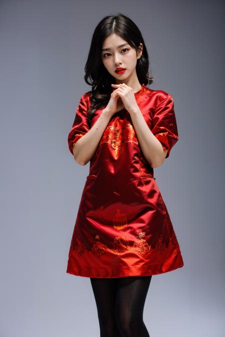 Traditional, a woman in a red dress and black tights is posing for a picture with her hands on her chin, Chen Yifei, contemporary fashion shoot, a silk screen, cloisonnism, 1girl, Stunningly Beautiful Girl, posing for a picture, fashion show, Long shaped face, angry, crazy, dark red eyes, Sandy Blonde side-swept hair, short hair, long ringlets, , masterpiece, best quality,  highest quality, amazing details, 8k, aesthetic,  <lora:Traditional_SDLife_Chiasedamme_v1.0:0.7>