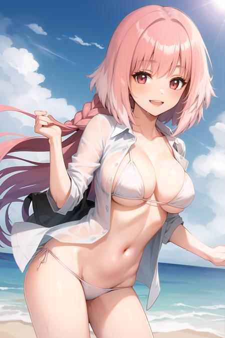 1girl, <lora:SeleneSS-000007:0.8>, selene,  white bikini, beach, ocean cutout, white shirt, open shirt, long hair, pink hair, wet shirt, smile, halter bikini,