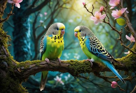 In a mystical forest, 
a budgie adorned with delicate blooms perches on a gnarled branch. Goblins flit about, 
their mischievous eyes reflecting an otherworldly glow. The dramatic lighting captures this magical tableau, 
where nature and magic intertwine